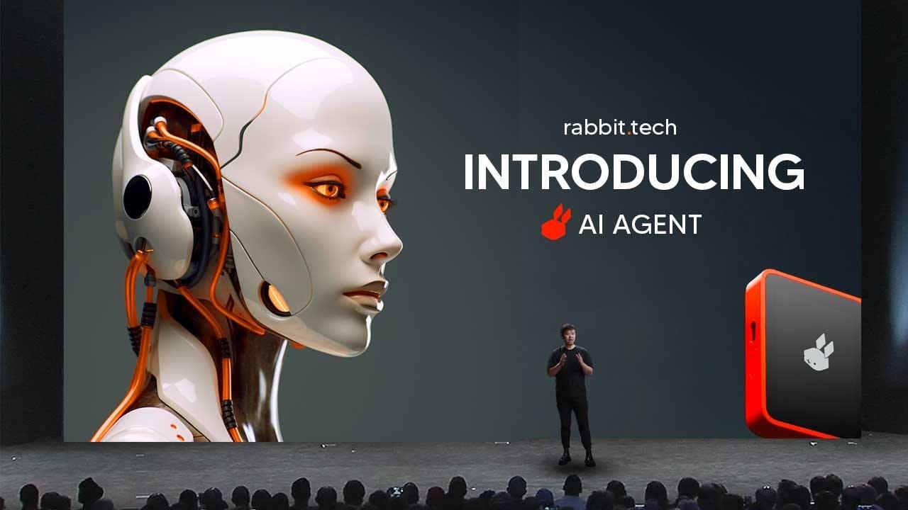 Rabbit.tech introducing the Rabbit R1 on stage.