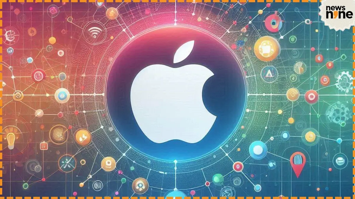 Apple logo inside a circle with logos, symbols, pins, and more circling around.