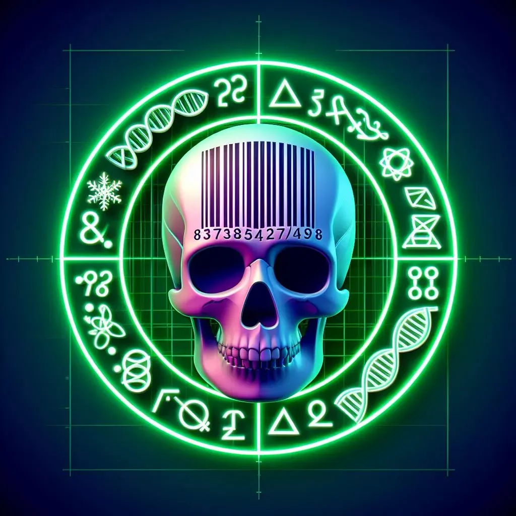 AI generated image: skeleton head with bar code on forehead, encircled by bright green double circles containing symbols.