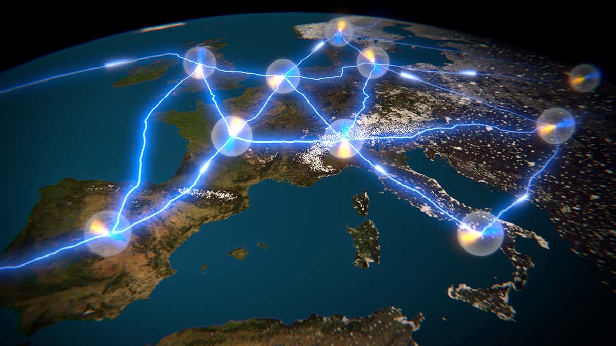 Digital overview of earth with bright white circles connected by blue lines.