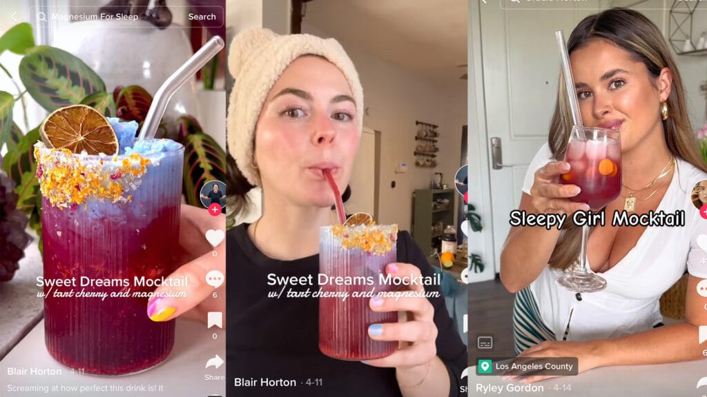 3 TikTok videos split screen with 2 women drinking Sleepy Girl Mocktails.