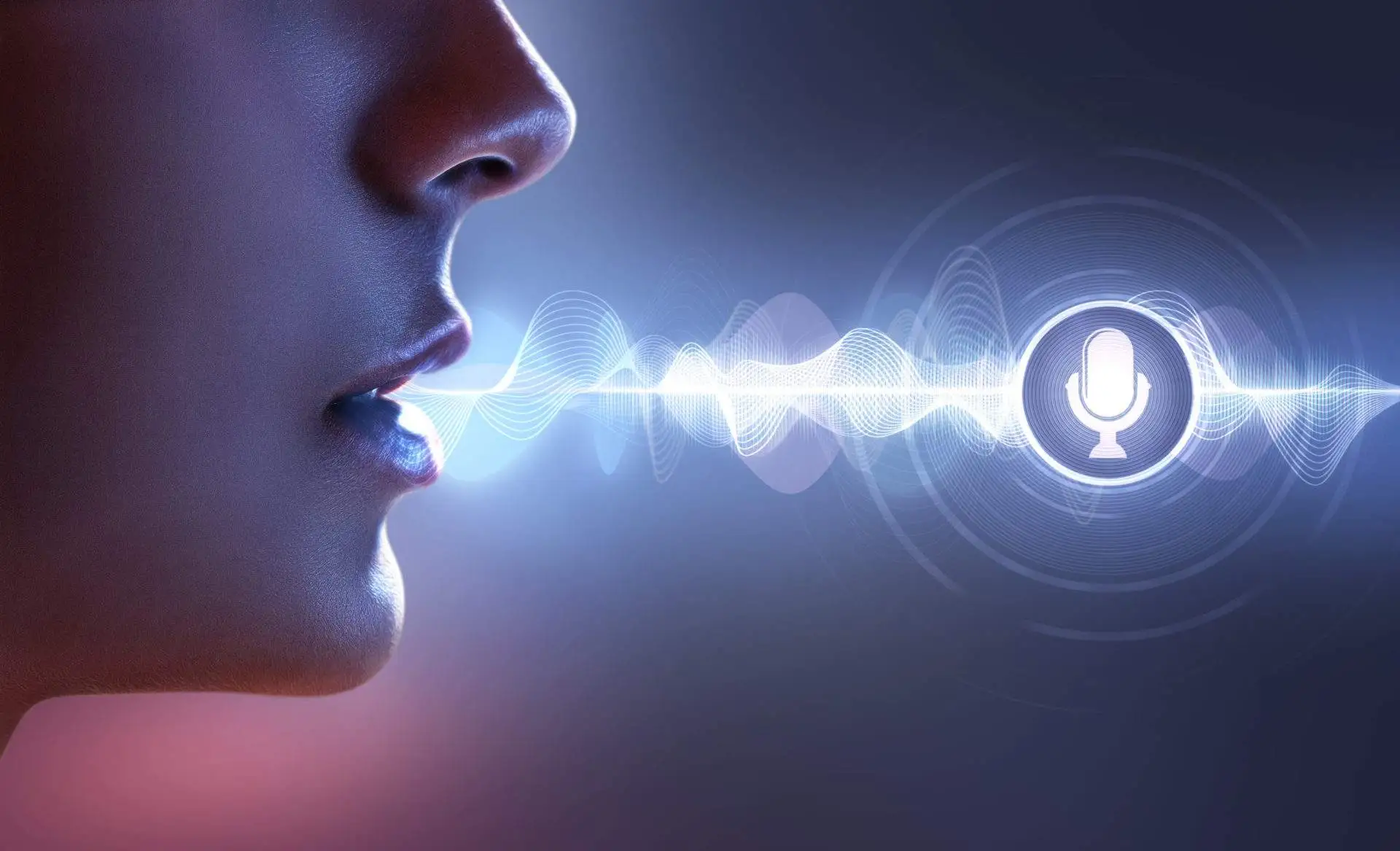 Picture of digital woman with waves emanating from her mouth into a microphone with a circle.