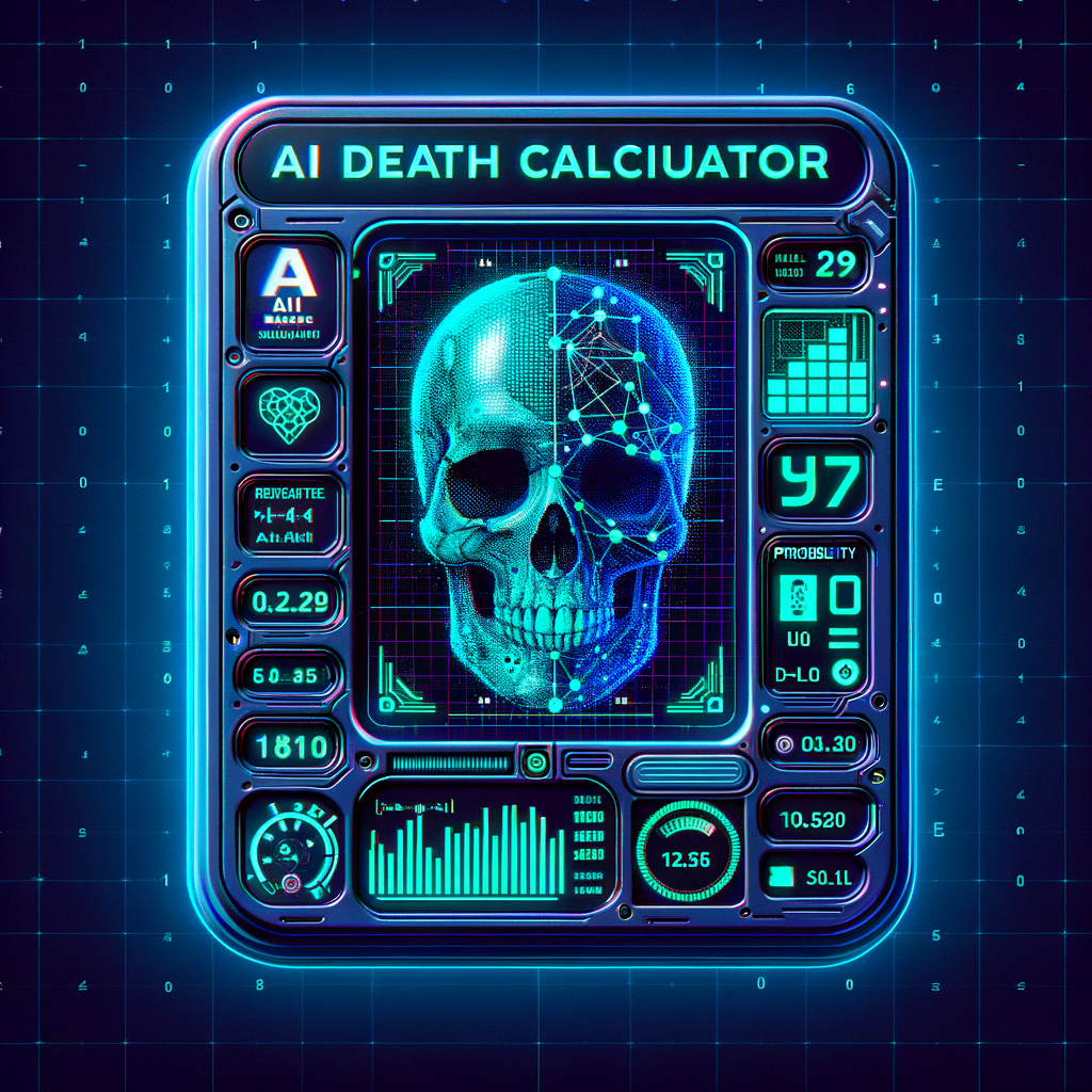 Blue square device with measurement gauges. Blue background with device title "AI Death Calculator"