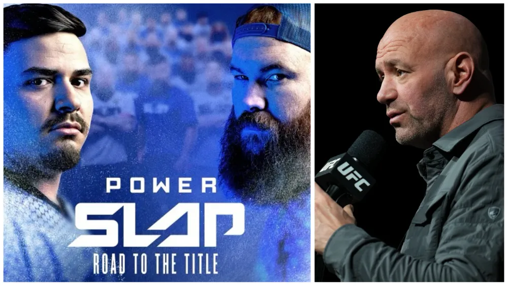 Dana White next to a promo shot for Power Slap Road to the Title.