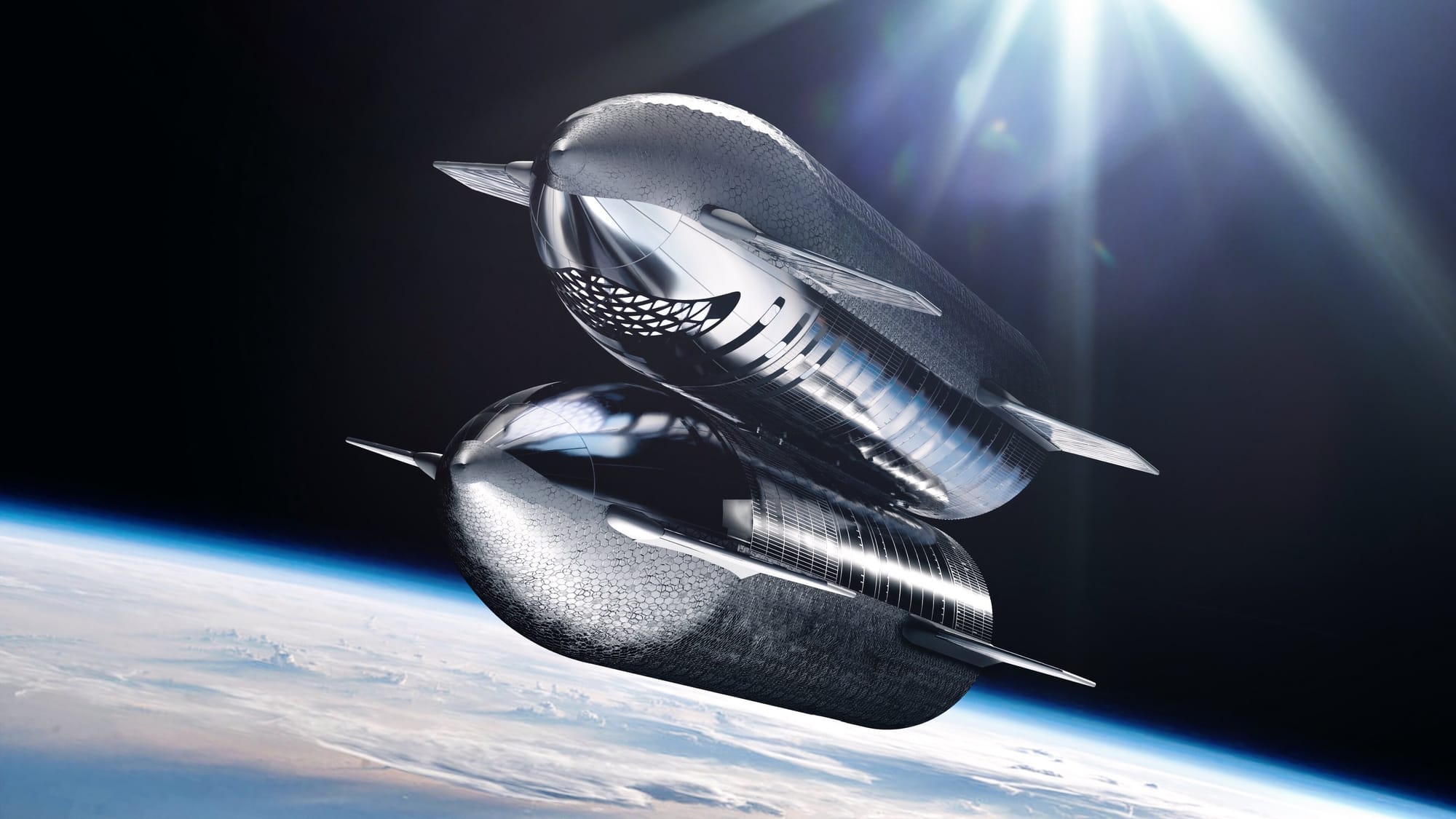 SpaceX starship traveling above earth.