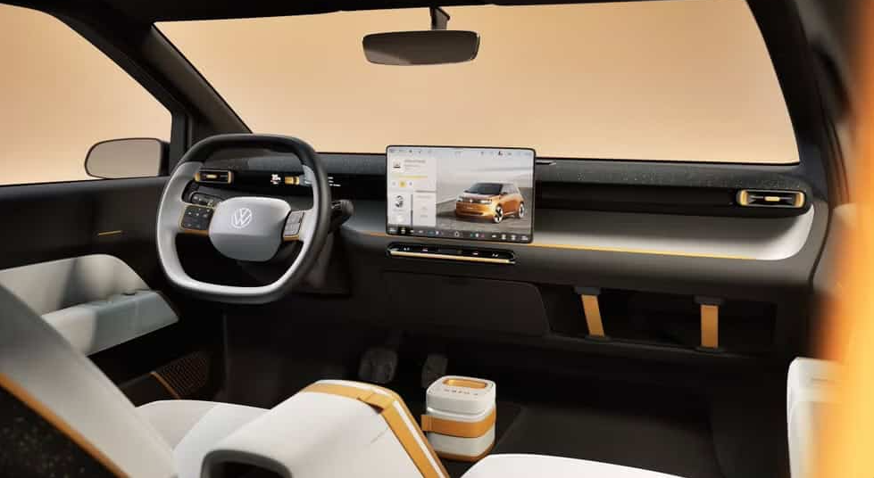 Interior view of Volkswagen-Rivian electric vehicle.