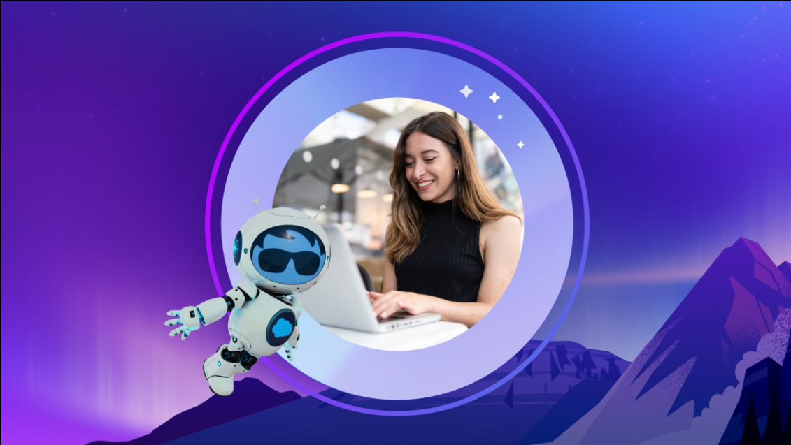 Woman using a laptop with Salesforce AgentExchange robot hovering in the lower-left corner.