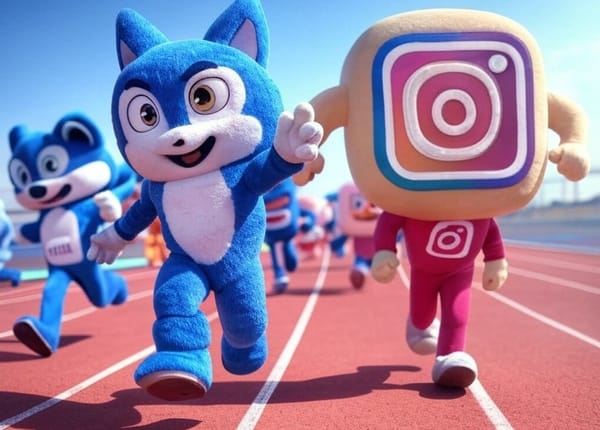 Image of characters representing Bluesky and Instagram running on a track competing.