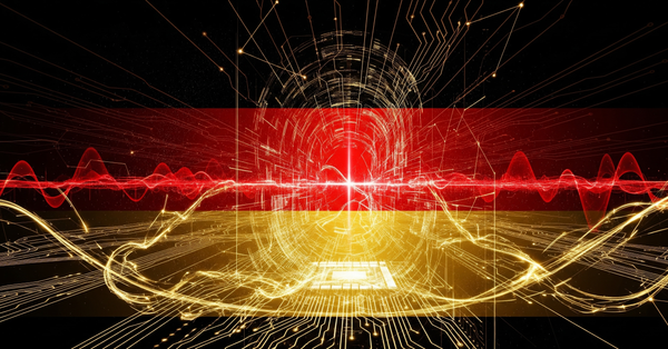 A vibrant, futuristic digital representation of the German flag, with glowing lines and circuits emanating from it, symbolizing high-performance computing innovation.