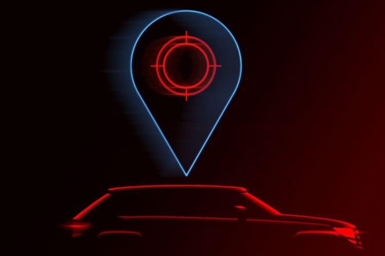 Car with a location pin above it, against a dark reddish background.