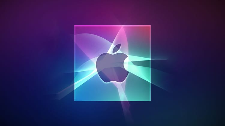 Beautiful looking Apple logo inside a box representing on-device AI. Glowing with pink and blue hue.