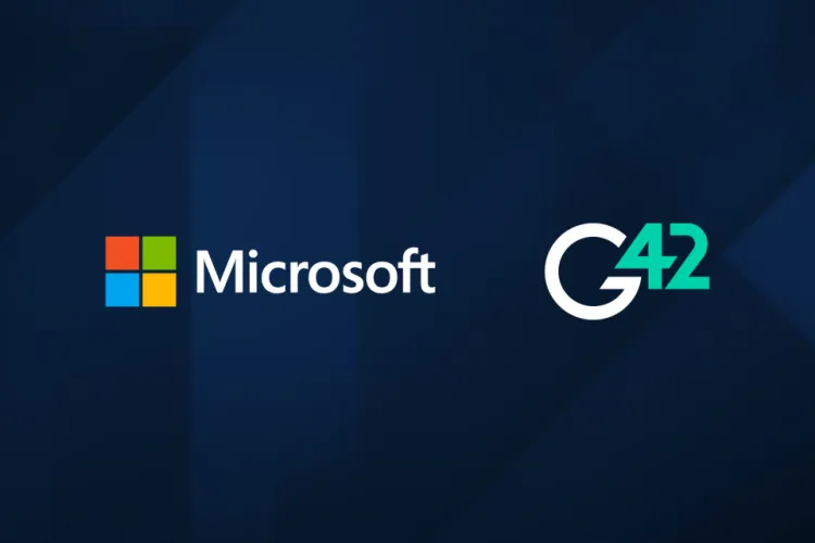 Microsoft and G42 logos side by side on blue background