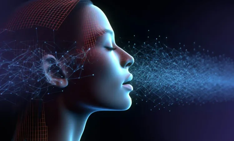 Digital woman facing light particles with eyes closed. Representing digital AI cloning.