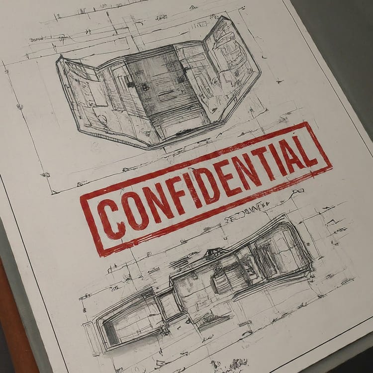 Drawing of what appears to be design plans with "confidential" written on them.