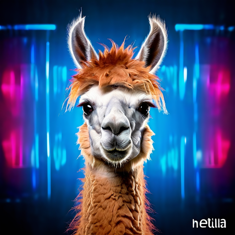 Picture of a Llama looking at the reader; standing in front of a pink and blue spotlight background.