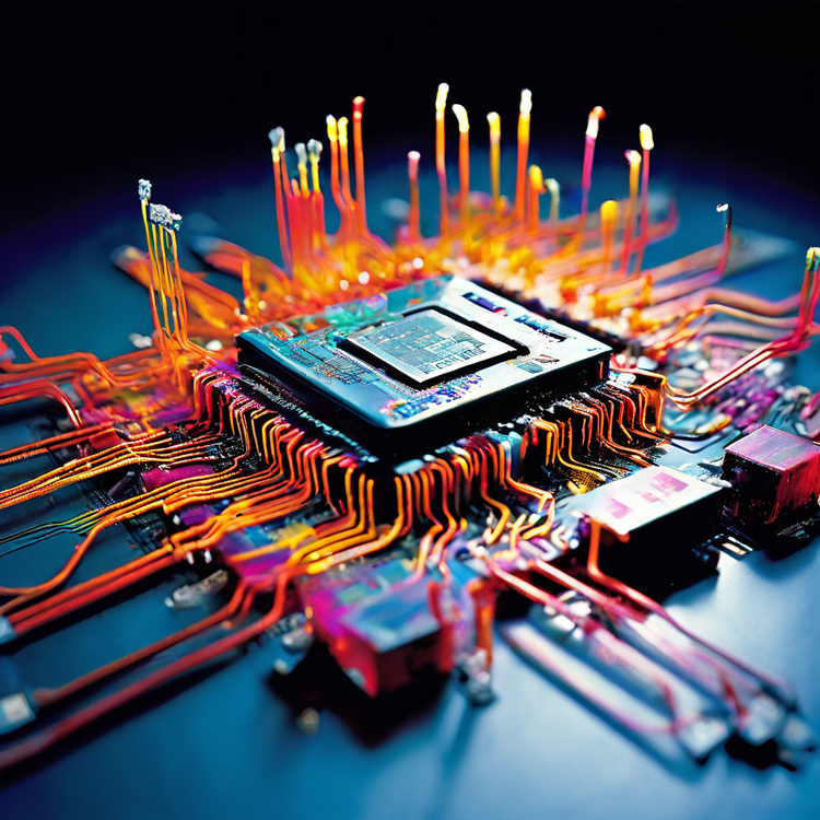 Microchip on a board with colored wires flowing out in a bright design.