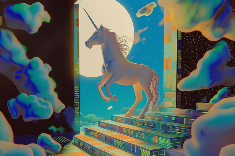 AI generated unicorn at the top of a staircase amongst clouds.