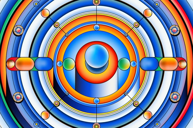 Quantum circuitry in colored circles.