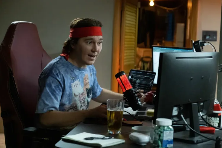Man sitting at computer wearing a red headband and a microphone.