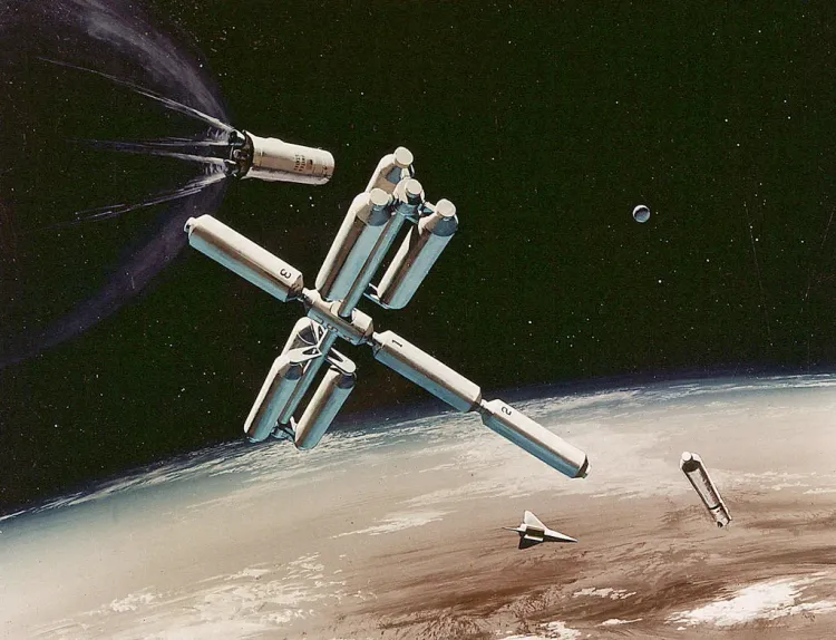 AI generated image of spacecraft needing refueling in space.