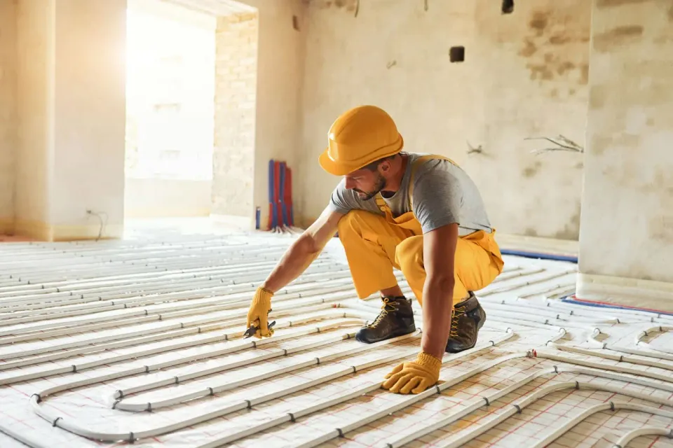 Man working, holding pair of pliers and wearing a yellow hard hat.