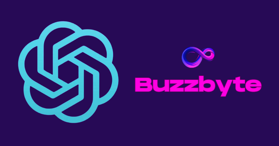 OpenAI logo on the left with Buzzbyte.org logo on the right, both overlayed on a navy blue background.