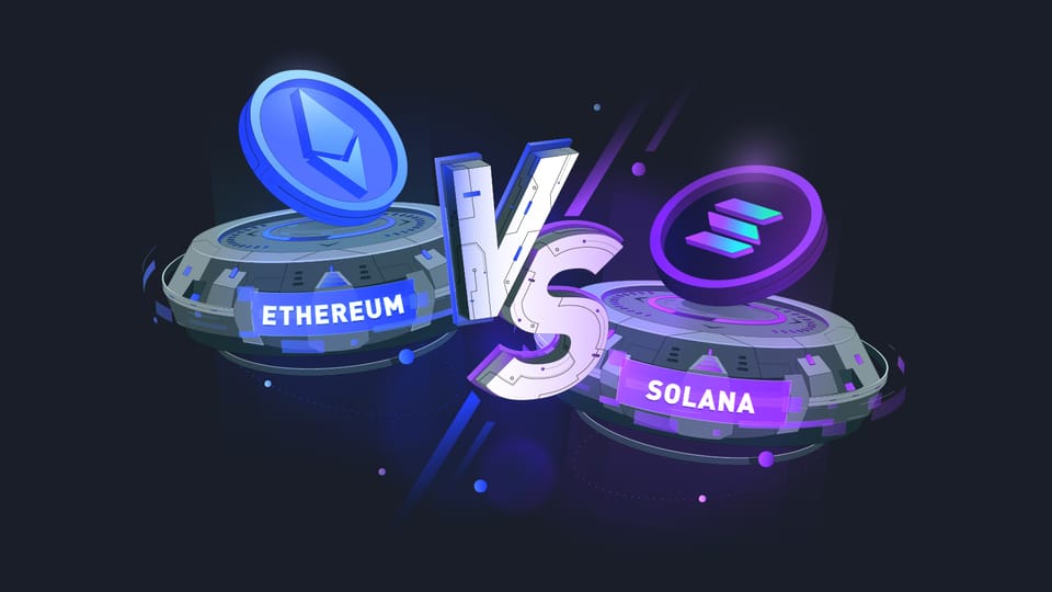 Ethereum versus Solana showing the 2 different logo symbols.