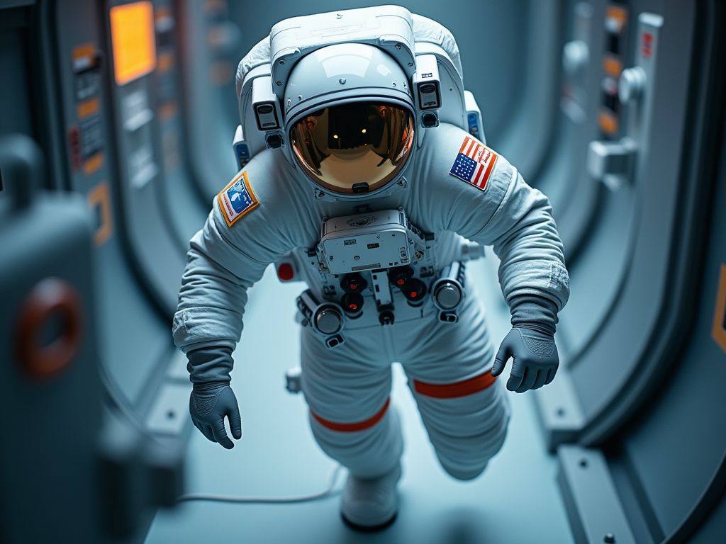 Image of an astronaut in a USA space suit, wearing a helmet, walking through the ISS.