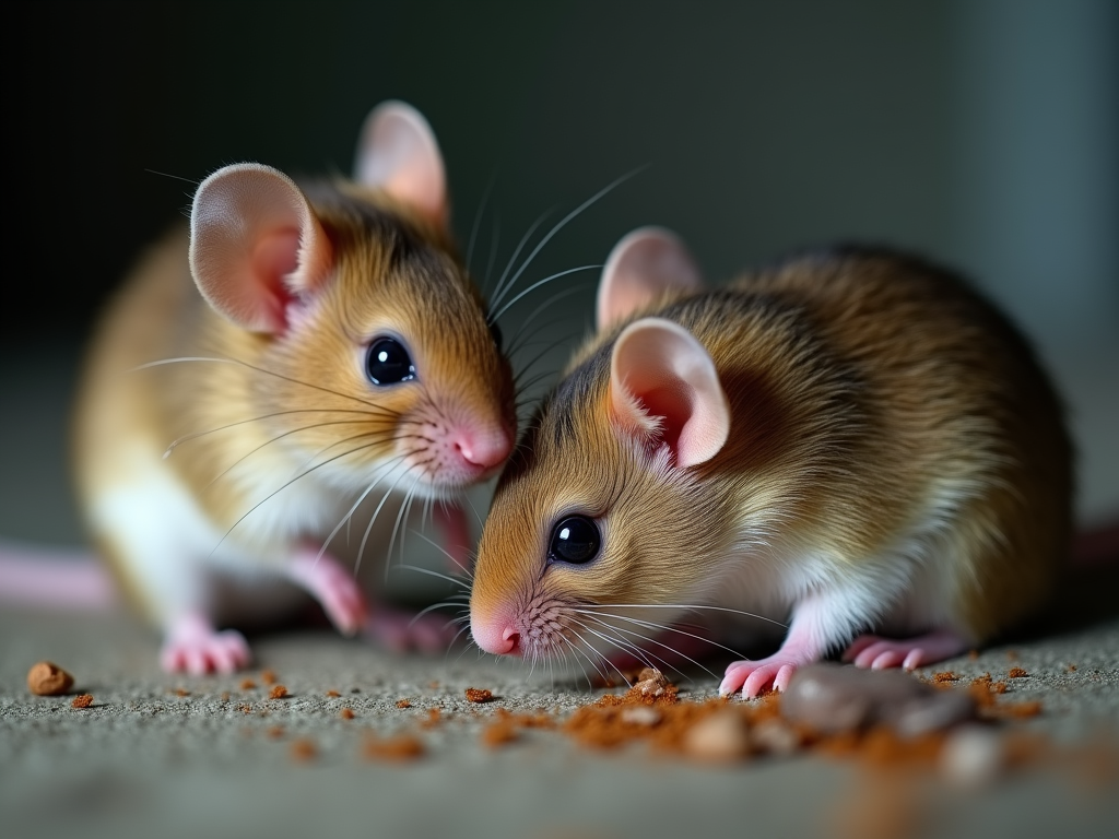 Close up image of two cute little mice eating.