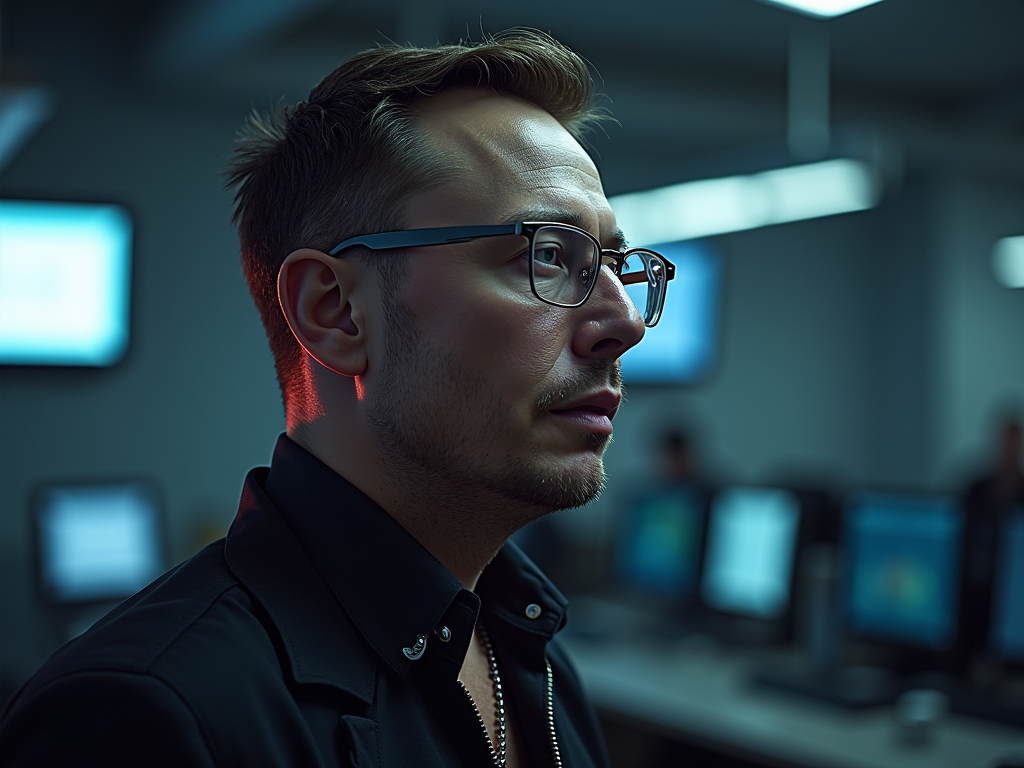 AI generated image of Elon Musk wearing glasses. The background is blurred with computer screens visible.