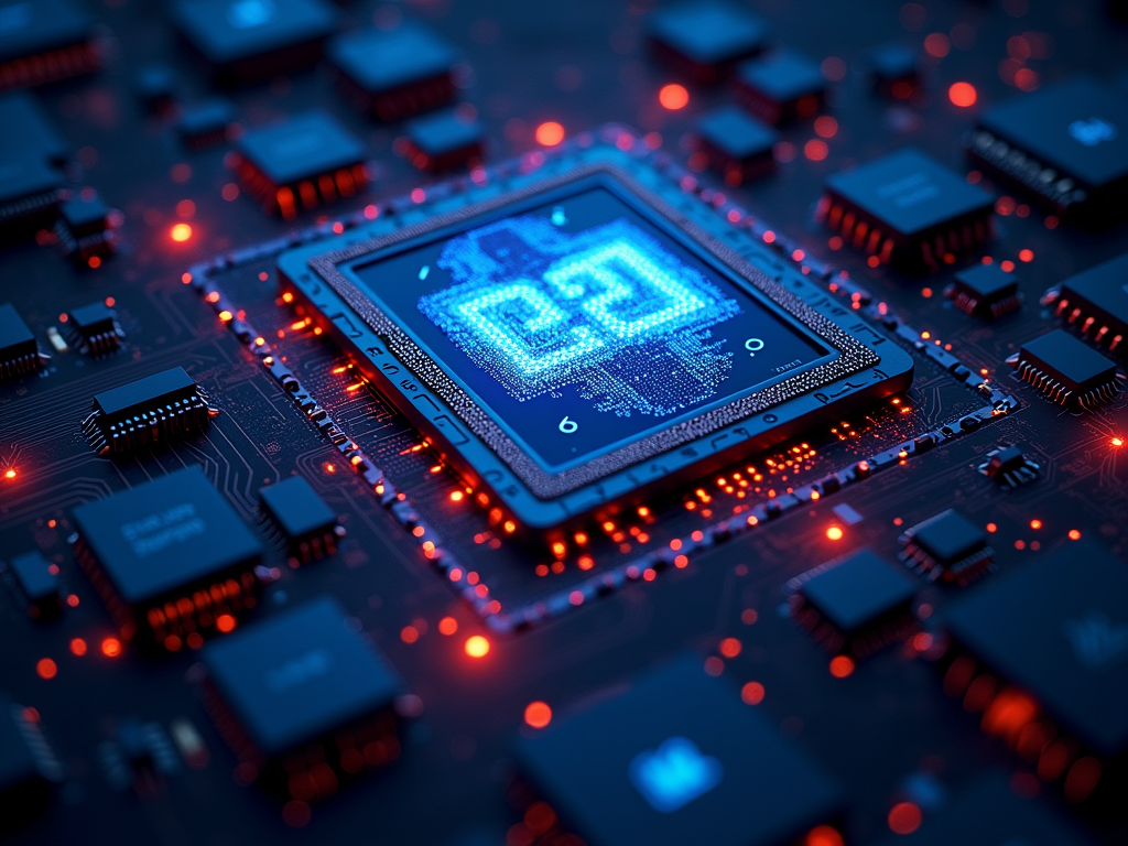 Custom GPU chip on a circuit board with other, smaller chips.