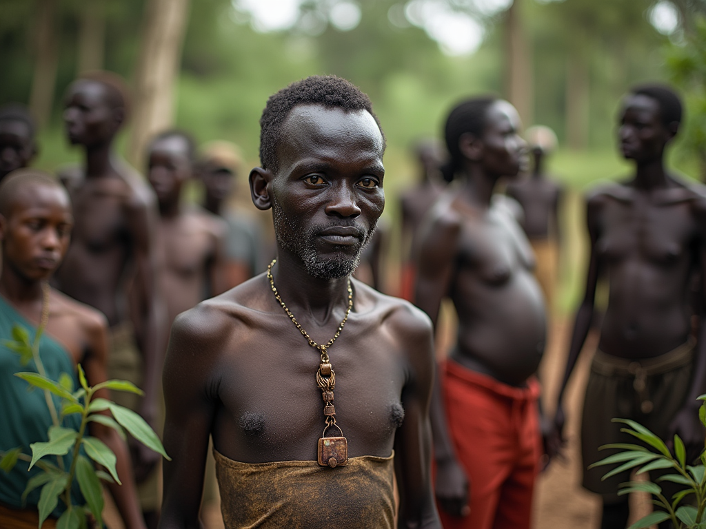 Image of men in a tribe in Congon. Several men are standing behind the main character in focus.