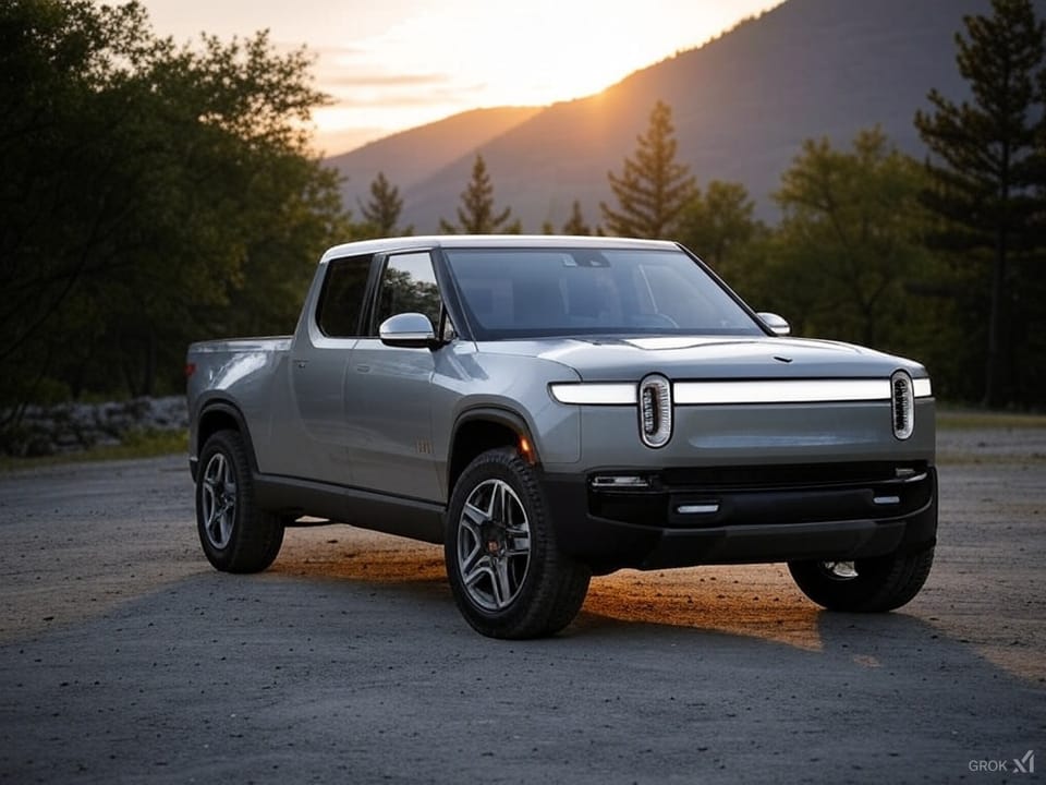 Cool picture of a silver Rivian with lights on (that appear as a bar on front of car) during a sunset.