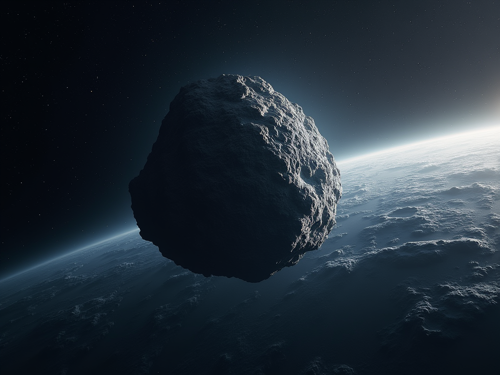 Image of an asteroid in space with an earth-like object in the background.