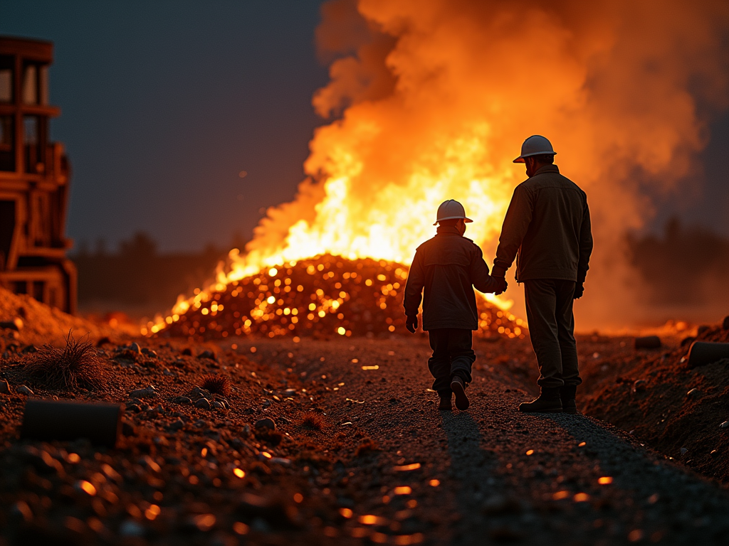 Father and son holding hands near a copper fire that is blazing. 