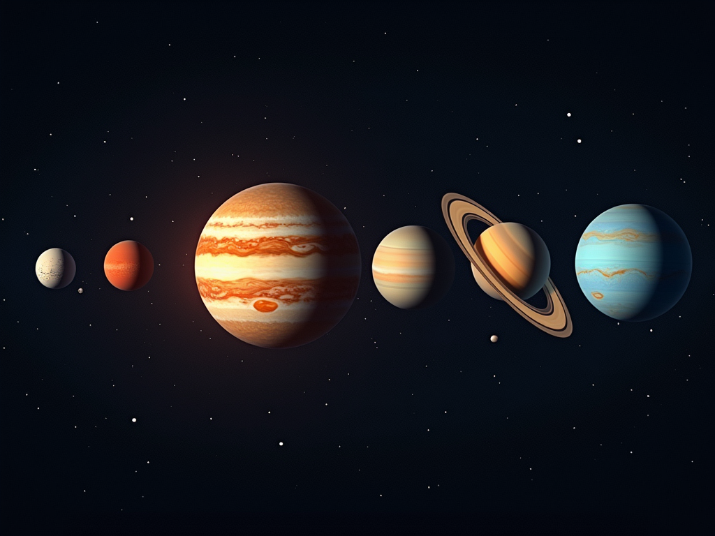 An image of 7 different shaped planets, sitting in alignment, in outer space.