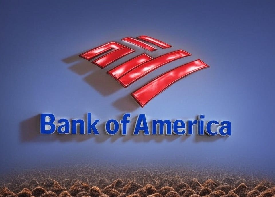 Image shows "Bank of America" in blue with the red logo above the text. Underneath is a brownish colored network.