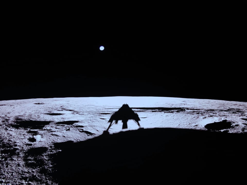 The Blue Ghost lunar lander on the Moon's surface near Mare Crisium, transmitting data to Earth.