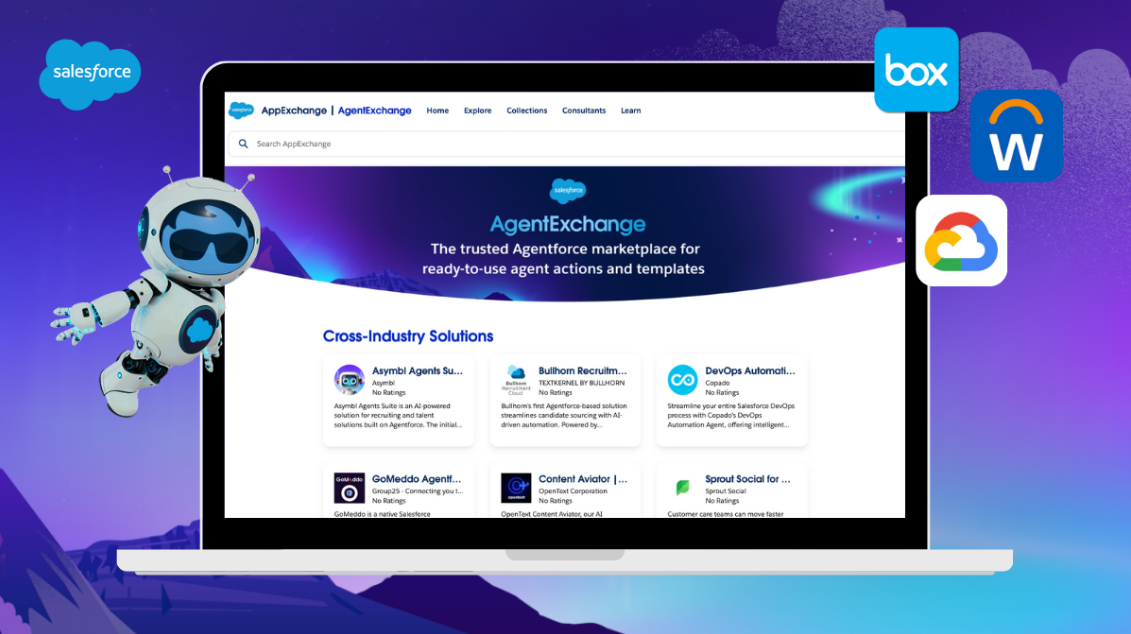 Salesforce AgentExchange shown on a laptop screen with a mini robot hovering on the left.