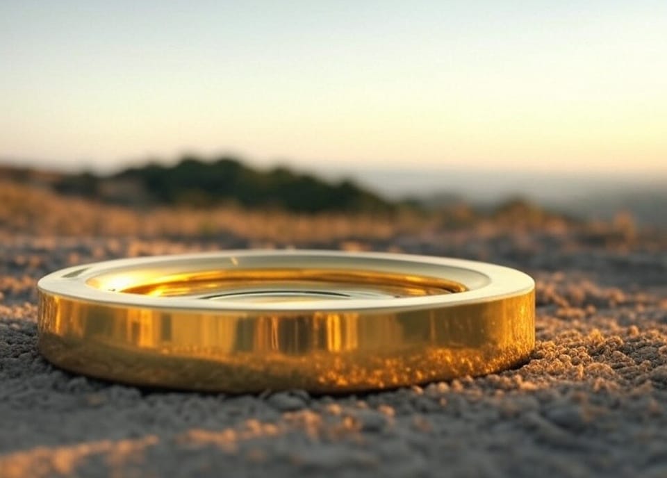 Image of a circular piece of gold hydrogen laying on sand.